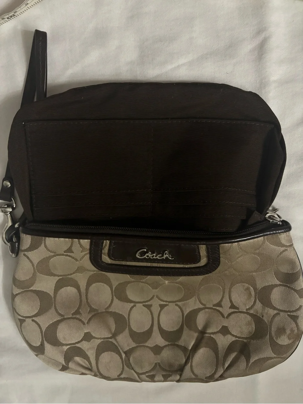 Coach Signature Logo Wristlet in Beige and Dark Brown
